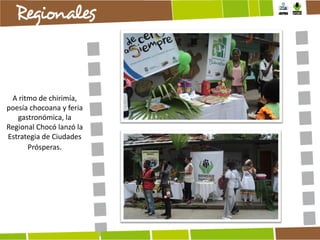 A ritmo de chirimía,
poesía chocoana y feria
gastronómica, la
Regional Chocó lanzó la
Estrategia de Ciudades
Prósperas.

 