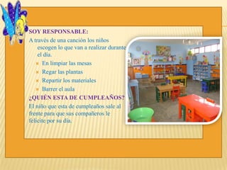 SOY RESPONSABLE:
A través de una canción los niños
escogen lo que van a realizar durante
el día.
 En limpiar las mesas
 Regar las plantas
 Repartir los materiales
 Barrer el aula
¿QUIÉN ESTA DE CUMPLEAÑOS?
El niño que esta de cumpleaños sale al
frente para que sus compañeros le
felicite por su día.
 