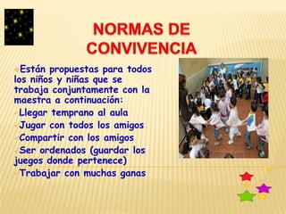 Están propuestas para todos
los niños y niñas que se
trabaja conjuntamente con la
maestra a continuación:
Llegar temprano al aula
Jugar con todos los amigos
Compartir con los amigos
Ser ordenados (guardar los
juegos donde pertenece)
Trabajar con muchas ganas
 