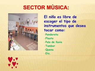 El niño es libre de
escoger el tipo de
instrumentos que desea
tocar como:
Pandereta
Flauta
Palo de lluvia
Tambor
Quena
Etc.
 