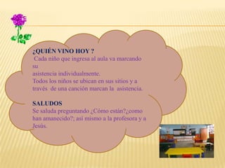 ¿QUIÉN VINO HOY ?
Cada niño que ingresa al aula va marcando
su
asistencia individualmente.
Todos los niños se ubican en sus sitios y a
través de una canción marcan la asistencia.
SALUDOS
Se saluda preguntando ¿Cómo están?¿como
han amanecido?; así mismo a la profesora y a
Jesús.
 