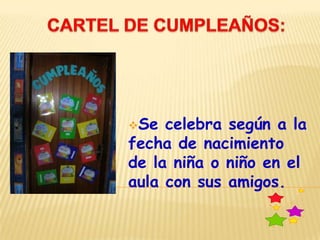 Se celebra según a la
fecha de nacimiento
de la niña o niño en el
aula con sus amigos.
 