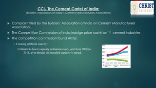 CCI- The Cement Cartel of India:
(Builders Association of India v. Cement Manufacturers Association)
 Complaint filed by the Builders’ Association of India on Cement Manufacturers
Association.
 The Competition Commission of India indulge price cartel on 11 cement industries
 The competition commission found Amiss:
1. Creating artificial scarcity:
Colluded to lower capacity utilisation every year from 2008 to
2011, even though the installed capacity is raised.
 