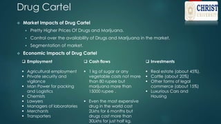 Drug Cartel
 Market Impacts of Drug Cartel
 Pretty Higher Prices Of Drugs and Marijuana.
 Control over the availability of Drugs and Marijuana in the market.
 Segmentation of market.
 Economic Impacts of Drug Cartel
 Employment
 Agricultural employment
 Private security and
vigilance
 Man Power for packing
and Logistics
 Chemists
 Lawyers
 Managers of laboratories
 Merchants
 Transporters
 Cash flows
 1 kg of sugar or any
vegetable costs not more
than 80 rupee but
marijuana more than
15000 rupee .
 Even the most expensive
drug in the world cost
2Lkhs for 6 months but
drugs cost more than
30Lkhs for just half kg.
 Investments
 Real estate (about 45%),
 Cattle (about 20%)
 Other forms of legal
commerce (about 15%)
 Luxurious Cars and
Housing
 