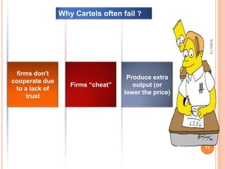 firms don't
cooperate due
to a lack of
trust
Firms “cheat”
Produce extra
output (or
lower the price)
Why Cartels often fail ?
9-Oct-13
11
 