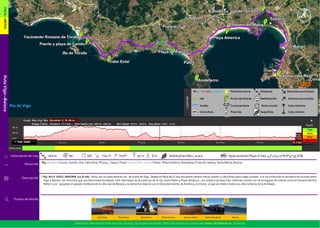 Tienes más información sobre las rutas, las bicis, los lugares de interés y fotos del entorno en nuestra web www. bicicleando.es ¡Visítanos!
RutaVigo—Baiona
Dificultad:
Información de ruta No NO18 Km -244 m 245m 56 m
R9: [Asfalto] Coruxo, Canido, Oia, Cabo Estai, PO325, , Saians, Prado > [Carril Bici—acera] Patos– Playa América, Ramallosa, Praia de Ladeira, Santa Marta, Baiona
0 m Aparcamiento Playa O Vao 42°11'47.0"N 8°47'39.6"WAsfalto/Carril Bici, acera
Recorrido
Descripción R9: RUTA VIGO—BAIONA (17,8 KM): Ruta por la costa exterior sur de la Ría de Vigo. Desde la Playa de O Vao iniciamos camino hacia Canido y Cabo Estai para luego acceder a la vía ciclista de la carretera de la costa entre
Vigo y Baiona. Un recorrido que nos lleva hasta las playas más hermosas de la costa sur de la ría, como Patos y Playa América , con vistas a las Islas Cíes. Además cuenta con otros lugares de interés como el estuario del Río
Miñor y por supuesto el pasado medieval de la villa real de Baiona y su estrecha relación con el Descubrimiento de América, en honor al que se celebra todos los años la fiesta de la Arribada.
Puntos de Interés
Ida
Leyenda
Rx.y= x: ruta y: tramo
Vuelta
Final Ida
Fin/Inicio tramo
Señalización
Inicio Ruta
Cruce/variante
Punto de Interés
Descenso acumuladoDistancia
Ruta circular
Cota mínima
Cota máxima
Ascenso acumulado
Superficie
FACIL—MEDIA
Medio
Perfil:
Difícil
Muy difícil
Fácil
N
7
Baiona
1
Cabo Estai
2
Playa Patos
3
Monteferro
4
Playa América
5
Estuario Miñor
6
Ponte Ramallosa
 