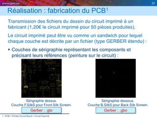www.geii.eu 22
Réalisation : fabrication du PCB1
Transmission des fichiers du dessin du circuit imprimé à un
fabricant (1,20€ le circuit imprimé pour 50 pièces produites).
Le circuit imprimé peut être vu comme un sandwich pour lequel
chaque couche est décrite par un fichier (type GERBER étendu) :
 Couches de sérigraphie représentant les composants et
précisant leurs références (peinture sur le circuit) :
22
1 : PCB = Printed Circuit Board = Circuit Imprimé
Sérigraphie dessus.
Couche F.SilkS pour Front Silk Screen.
Sérigraphie dessous.
Couche B.SilkS pour Back Silk Screen.
Gerber : .gto Gerber : .gbo
 