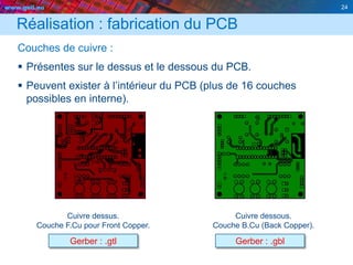 www.geii.eu 24
Réalisation : fabrication du PCB
Couches de cuivre :
 Présentes sur le dessus et le dessous du PCB.
 Peuvent exister à l’intérieur du PCB (plus de 16 couches
possibles en interne).
24
Cuivre dessus.
Couche F.Cu pour Front Copper.
Cuivre dessous.
Couche B.Cu (Back Copper).
Gerber : .gtl Gerber : .gbl
 