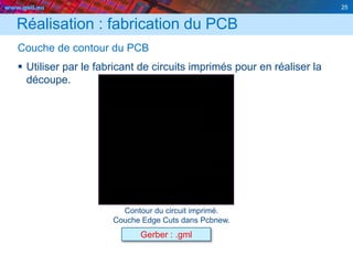 www.geii.eu 25
Réalisation : fabrication du PCB
Couche de contour du PCB
 Utiliser par le fabricant de circuits imprimés pour en réaliser la
découpe.
25
Contour du circuit imprimé.
Couche Edge Cuts dans Pcbnew.
Gerber : .gml
 