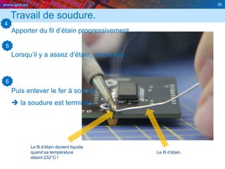 www.geii.eu 29
Travail de soudure.
Apporter du fil d’étain progressivement.
Lorsqu’il y a assez d’étain, enlever-le.
Puis enlever le fer à souder
 la soudure est terminée.
29
4
Le fil d’étain.
Le fil d’étain devient liquide
quand sa température
atteint 232°C !
5
6
 