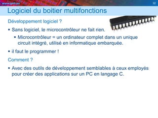 www.geii.eu 32
Logiciel du boitier multifonctions
Développement logiciel ?
 Sans logiciel, le microcontrôleur ne fait rien.
 Microcontrôleur = un ordinateur complet dans un unique
circuit intégré, utilisé en informatique embarquée.
 il faut le programmer !
Comment ?
 Avec des outils de développement semblables à ceux employés
pour créer des applications sur un PC en langage C.
32
 