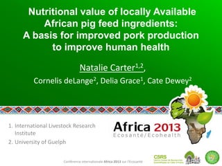 Conférence internationale Africa 2013 sur l’Ecosanté
Nutritional value of locally Available
African pig feed ingredients:
A basis for improved pork production
to improve human health
Natalie Carter1,2,
Cornelis deLange2, Delia Grace1, Cate Dewey2
1. International Livestock Research
Institute
2. University of Guelph
 