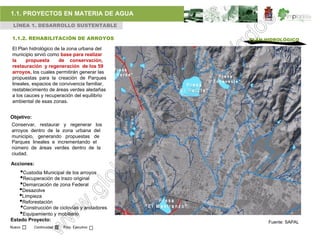 1.1. PROYECTOS EN MATERIA DE AGUA
 LÍNEA 1. DESARROLLO SUSTENTABLE

 1.1.2. REHABILITACIÓN DE ARROYOS              PLAN HIDROLÓGICO

 El Plan hidrológico de la zona urbana del
 municipio sirvió como base para realizar
 la     propuesta      de conservación,
 restauración y regeneración de los 59
 arroyos, los cuales permitirán generar las
 propuestas para la creación de Parques
 lineales, espacios de convivencia familiar,
 restablecimiento de áreas verdes aledañas
 a los cauces y recuperación del equilibrio
 ambiental de esas zonas.


Objetivo:
Conservar, restaurar y regenerar los
arroyos dentro de la zona urbana del
municipio, generando propuestas de
Parques lineales e incrementando el
número de áreas verdes dentro de la
ciudad.

Acciones:
    •Custodia Municipal de los arroyos
    •Recuperación de trazo original
    •Demarcación de zona Federal
    •Desazolve
    •Limpieza
    •Reforestación
    •Construcción de ciclovías y andadores
    •Equipamiento y mobiliario
Estado Proyecto:                                     Fuente: SAPAL
Nuevo       Continuidad   Proy. Ejecutivo
 