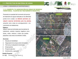 1.1. PROYECTOS EN MATERIA DE AGUA
 LÍNEA 1. DESARROLLO SUSTENTABLE
                                                                                                  PLANTAS DE TRATAMIENTO

 1.1.5. PERMUTA Y/O ADQUISICIÓN DE ZONAS DE RESERVA
 TERRITORIAL - PLANTAS DE TRATAMIENTO MUNICIPAL

                                                                                                         RADIO 267 m
 Previendo la necesidad del incremento del servicio
 de tratamiento de aguas residuales en los diferentes
 puntos de la ciudad, se deberán permutar y/o
                                                                 RADIO = 60.81 mts
 adquirir reservas territoriales para las plantas,
                                                                                      %




 actuando como zonas de amortiguamiento o de
 crecimiento de instalaciones.
                                                                              RADIO = 37.35 mts

 Objetivo:
 Adquirir reservas territoriales para las plantas de
 tratamiento, evitando impactos negativos como
                                                         LAS
 olores, ruidos, residuos o lodos que puedan            JOYAS

 perjudicar a las zonas circundantes a éstas.

                                                        RADIO 264 m
 Acciones:                                                             s



1.      Estudios de factibilidad
2.      Negociación de compra-venta de terrenos
3.      Permuta y/o adquisición de terrenos                                           %




4.      Anteproyectos                                                                RADIO = 37.73 mts




5.      Proyecto ejecutivo
                                                                       RADIO = 236.24 mts

6.      Construcción y operación

Estado Proyecto:                                        VILLAS DE SAN JUAN
Nuevo        Continuidad     Proy. Ejecutivo


                                                                                                                       Fuente: SAPAL
 