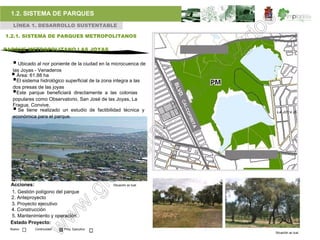 1.2. SISTEMA DE PARQUES
   LÍNEA 1. DESARROLLO SUSTENTABLE

1.2.1. SISTEMA DE PARQUES METROPOLITANOS

PARQUE METROPOLITANO LAS JOYAS

   Ubicado al nor poniente de la ciudad en la microcuenca de
  las Joyas - Venaderos
   Área: 61.88 ha
  El sistema hidrológico superficial de la zona integra a las
  dos presas de las joyas
  Este parque beneficiará directamente a las colonias
  populares como Observatorio, San José de las Joyas, La
  Fragua, Convive.
   Se tiene realizado un estudio de factibilidad técnica y
  económica para el parque.




  Acciones:                                    Situación ac tual.

  1. Gestión polígono del parque
  2. Anteproyecto
  3. Proyecto ejecutivo
  4. Construcción
  5. Mantenimiento y operación
  Estado Proyecto:
 Nuevo      Continuidad   Proy. Ejecutivo
                                                                    Situación ac tual.
 