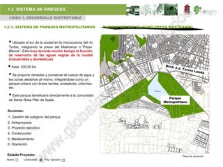1.2. SISTEMA DE PARQUES
  LÍNEA 1. DESARROLLO SUSTENTABLE

1.2.1. SISTEMA DE PARQUES METROPOLITANOS                    PARQUE METROPOLITANO PRESA MASTRANZO



   Ubicado al sur de la ciudad en la microcuenca del río
  Turbio, integrando la presa del Mastranzo o “Presa
  Blanca”. Ésta tuvo durante mucho tiempo la función
  de reservorio de las aguas negras de la ciudad
  (industriales y domésticas)

  Área: 330.00 ha
  Se propone remediar y conservar el cuerpo de agua y
  las zonas aledañas al mismo, integrándose como un
  parque urbano con áreas verdes, andadores, ciclovías,
  etc.

   Este parque beneficiará directamente a la comunidad                                Parque
  de Santa Rosa Plan de Ayala.
                                                                                    Metropolitano

 Acciones:
 1. Gestión del polígono del parque
 2. Anteproyecto
 3. Proyecto ejecutivo
 4. Construcción
 5. Mantenimiento
 6. Operación


 Estado Proyecto:                                                                             Plano de ubicación
 Nuevo     Continuidad   Proy. Ejecutivo
 