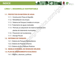 ÍNDICE

 LÍNEA 1. DESARROLLO SUSTENTABLE


 1.1. PROYECTOS EN MATERIA DE AGUA
    1.1.1. Construcción Presa el Zapotillo
    1.1.2. Rehabilitación de arroyos
    1.1.3. Sistema de Parques Lineales en arroyos
    1.1.4. Tratamiento de aguas residuales
    1.1.5. Permuta y/o adquisición de reserva territorial para
           plantas de tratamiento municipales
    1.1.6. Prevención de Inundaciones
    1.1.7. Drenaje Pluvial
 1.2. SISTEMAS DE PARQUES
    1.2.1. Sistema de Parques Metropolitanos
    1.2.2. Sistema de Parques Urbanos
    1.2.3. Sistema de Eco Parques Rústicos
 1.3. MANEJO INTEGRAL DE RESIDUOS SÓLIDOS
 1.4. PLAN DE ORDENAMIENTO ECOLÓGICO
    1.4.1. Objetivo, alcances y políticas.
 