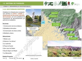 1.2. SISTEMA DE PARQUES
 LÍNEA 1. DESARROLLO SUSTENTABLE

1.2.2. ECO PARQUES RÚSTICOS

Establecer la infraestructura necesaria
                                                                                                                       Media Luna
que permita el control, cuidado y
preservación de las zonas naturales
                                                                                                                    La Manzanilla
del municipio, así como establecer los
mecanismos de aprovechamiento por
parte de la ciudadanía.

Acciones:                                                                                                                 Ojo de agua
                                                                                                                          de los Reyes
1.Construcción de torre emblema
                                                                    Propuesta c onceptual
2.Señalética informativa                                                torre em blema
                                                                                                                                         San Juan de Otates
3.Conservación de áreas verdes
4.Mobiliario urbano
                                                                                                                                               La Laborcita

Ubicaciones:
                                                            3,00


                                                                                                                                                    Presa Duarte
1.Media Luna                                         0,20




                                                             2,60     Mirador


2.Estancia “Los Almos”                               0,20




3.La Laborcita
                                                            2,60




                                                     0,20




4.Presa de Duarte                            21,20      2,60


                                                     0,20




5.San Juan de Otates
                                                            2,60




                                                     0,20




6.Ojo de Agua Los Reyes
                                                            2,60




                                                     0,20




7.La Manzanilla                                             2,60                                             3,00




                                                      0,20            Torre               Servicios
                                                            1,20                                             1,20




Estado Proyecto:                                                          3,00     3,00               5,80




Nuevo       Continuidad    Proy. Ejecutivo                                                                                                                Contexto a intervenir
                                                                              Alzado p ropuesta
 