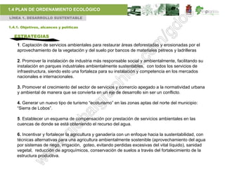 1.4 PLAN DE ORDENAMIENTO ECOLÓGICO
LÍNEA 1. DESARROLLO SUSTENTABLE

1.4.1. Objetivos, alcances y políticas

   ESTRATEGIAS
    1. Captación de servicios ambientales para restaurar áreas deforestadas y erosionadas por el
    aprovechamiento de la vegetación y del suelo por bancos de materiales pétreos y ladrilleras

    2. Promover la instalación de industria más responsable social y ambientalmente, facilitando su
    instalación en parques industriales ambientalmente sustentables, con todos los servicios de
    infraestructura, siendo esto una fortaleza para su instalación y competencia en los mercados
    nacionales e internacionales.

    3. Promover el crecimiento del sector de servicios y comercio apegado a la normatividad urbana
    y ambiental de manera que se convierta en un eje de desarrollo sin ser un conflicto.

    4. Generar un nuevo tipo de turismo “ecoturismo” en las zonas aptas del norte del municipio:
    “Sierra de Lobos”.

    5. Establecer un esquema de compensación por prestación de servicios ambientales en las
    cuencas de donde se está obteniendo el recurso del agua.

    6. Incentivar y fortalecer la agricultura y ganadería con un enfoque hacia la sustentabilidad, con
    técnicas alternativas para una agricultura ambientalmente sostenible (aprovechamiento del agua
    por sistemas de riego, irrigación, goteo, evitando perdidas excesivas del vital líquido), sanidad
    vegetal, reducción de agroquímicos, conservación de suelos a través del fortalecimiento de la
    estructura productiva.
 