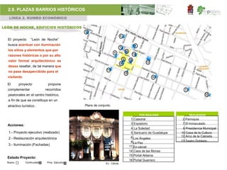 2.8. PLAZAS BARRIOS HISTÓRICOS
   LÍNEA 2. RUMBO ECONÓMICO

LEÓN DE NOCHE, EDIFICIOS HISTÓRICOS


  El proyecto      “León de Noche”
  busca acentuar con iluminación
  los sitios y elementos que por
  razones históricas o por su alto
  valor formal arquitectónico se
  desea resaltar, de tal manera que
  no pase desapercibido para el
  visitante.

  El      proyecto            propone
  complementar               recorridos
  peatonales en el centro histórico,
  a fin de que se constituya en un
  atractivo turístico .                         Plano de conjunto.


                                                                                   POR REALIZAR               REALIZADOS
                                                                              1 Catedral                  2 Parroquia
                                                                              3 Expiatorio                7 El Inmaculado
  Acciones:
                                                                              4 La Soledad                9 Presidencia Municipal
  1.- Proyecto ejecutivo (realizado)                                          5 Santuario de Guadalupe   10 Casa de la Cultura
                                                                              6 Los Ángeles              12 Arco de la Calzada
  2.- Restauración arquitectónica
                                                                              8 La Paz                   13 Teatro Doblado
  3.- Iluminación (Fachadas)                                                 11 Ex-cárcel
                                                                             14 Casa de las Monas
                                                                             15 Portal Aldama
  Estado Proyecto:
                                                                             16 Portal Guerrero
  Nuevo        Continuidad    Proy. Ejecutivo                 Ex - Cárcel.
 