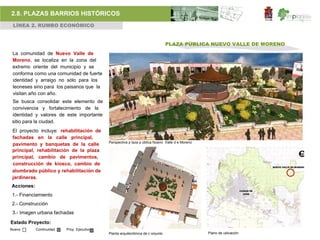 2.8. PLAZAS BARRIOS HISTÓRICOS
 LÍNEA 2. RUMBO ECONÓMICO


                                                                                 PLAZA PÚBLICA NUEVO VALLE DE MORENO
 La comunidad de Nuevo Valle de
 Moreno, se localiza en la zona del
 extremo oriente del municipio y se
 conforma como una comunidad de fuerte
 identidad y arraigo no sólo para los
 leoneses sino para los paisanos que la
 visitan año con año.
 Se busca consolidar este elemento de
 convivencia y fortalecimiento de la
 identidad y valores de este importante
 sitio para la ciudad.
 El proyecto incluye: rehabilitación de
 fachadas en la calle principal,
                                            Perspectiva p laza p ública Nuevo Valle d e Moreno
 pavimento y banquetas de la calle
 principal, rehabilitación de la plaza
 principal, cambio de pavimentos,
 construcción de kiosco, cambio de
 alumbrado público y rehabilitación de
 jardineras.
Acciones:
1.- Financiamiento
2.- Construcción
 3.- Imagen urbana fachadas

Estado Proyecto:
Nuevo       Continuidad   Proy. Ejecutivo
                                            Planta arquitectónica de c onjunto                   Plano de ubicación
 