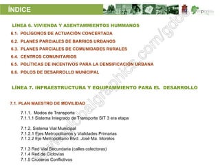 ÍNDICE

 LÍNEA 6. VIVIENDA Y ASENTAMMIENTOS HUMMANOS
6.1. POLÍGONOS DE ACTUACIÓN CONCERTADA
6.2. PLANES PARCIALES DE BARRIOS URBANOS
6.3. PLANES PARCIALES DE COMUNIDADES RURALES
6.4. CENTROS COMUNITARIOS
6.5. POLÍTICAS DE INCENTIVOS PARA LA DENSIFICACIÓN URBANA
6.6. POLOS DE DESARROLLO MUNICIPAL


LÍNEA 7. INFRAESTRUCTURA Y EQUIPAMMIENTO PARA EL DESARROLLO


7.1. PLAN MAESTRO DE MOVILIDAD

    7.1.1. Modos de Transporte
    7.1.1.1 Sistema Integrado de Transporte SIT 3 era etapa

    7.1.2. Sistema Vial Municipal
    7.1.2.1 Ejes Metropolitanos y Vialidades Primarias
    7.1.2.2 Eje Metropolitano Blvd. José Ma. Morelos

    7.1.3 Red Vial Secundaria (calles colectoras)
    7.1.4 Red de Ciclovías
    7.1.5 Cruceros Conflictivos
 