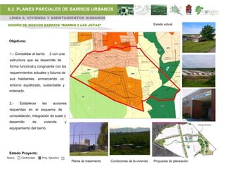6.2. PLANES PARCIALES DE BARRIOS URBANOS
 LÍNEA 6. VIVIENDA Y ASENTAMIENTOS HUMANOS

DISEÑO DE NUEVOS BARRIOS “BARRIO 2 LAS JOYAS”                                                     Estado actual




 Objetivos:


 1.- Consolidar al barrio    2 con una
 estructura que se desarrolle de
 forma funcional y congruente con los
 requerimientos actuales y futuros de
 sus habitantes, enmarcando un
 entorno equilibrado, sustentable y
 ordenado.


 2.-    Establecer     las      acciones
 requeridas en el esquema de
 consolidación, integración de suelo y
 desarrollo       de    vivienda         y
 equipamiento del barrio.




 Estado Proyecto:
Nuevo    Continuidad   Proy. Ejecutivo
                                             Planta de tratamiento   Condiciones de la vivienda   Propuesta de planeación
 