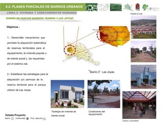 6.2. PLANES PARCIALES DE BARRIOS URBANOS
 LÍNEA 6. VIVIENDA Y ASENTAMIENTOS HUMANOS                                                              Estado ac tual

DISEÑO DE NUEVOS BARRIOS “BARRIO 3 LAS JOYAS”


 Objetivos :



  1.- Desarrollar mecanismos que

  permitan la adquisición sistemática

  de reservas territoriales para el

  equipamiento, la vivienda popular y

 de interés social y las requeridas

 por el sistema vial.


                                                                      “Barrio 3”   Las Joyas
  2.- Establecer las estrategias para la

 adquisición y/o permuta de la

 reserva territorial para el parque

 urbano de Las Joyas.




                                           Tipología de vivienda de   Condiciones del
Estado Proyecto:                                                      equipamiento
                                           interés social
Nuevo    Continuidad    Proy. Ejecutivo
                                                                                               Centro c omunitario
 