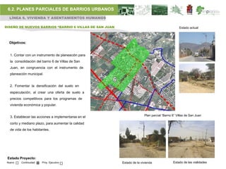 6.2. PLANES PARCIALES DE BARRIOS URBANOS
  LÍNEA 6. VIVIENDA Y ASENTAMIENTOS HUMANOS

DISEÑO DE NUEVOS BARRIOS “BARRIO 6 VILLAS DE SAN JUAN                                           Estado actual



  Objetivos:


   1. Contar con un instrumento de planeación para
   la consolidación del barrio 6 de Villas de San
   Juan, en congruencia con el instrumento de
   planeación municipal.


   2. Fomentar la densificación del suelo en
   especulación, al crear una oferta de suelo a
   precios competitivos para los programas de
   vivienda económica y popular.


                                                                       Plan parcial “Barrio 6” Villas de San Juan
   3. Establecer las acciones a implementarse en el
   corto y mediano plazo, para aumentar la calidad
   de vida de los habitantes.




 Estado Proyecto:
 Nuevo    Continuidad   Proy. Ejecutivo                 Estado de la vivienda               Estado de las vialidades
 