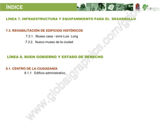 ÍNDICE

LÍNEA 7. INFRAESTRUCTURA Y EQUIPAMMIENTO PARA EL DESARROLLO


7.3. REHABILITACIÓN DE EDIFICIOS HISTÓRICOS
             7.3.1. Museo casa - torre Luis Long
             7.3.2. Nuevo museo de la ciudad



LÍNEA 8. BUEN GOBIERNO Y ESTADO DE DERECHO


8.1. CENTRO DE LA CIUDADANÍA
          8.1.1. Edificio administrativo
 