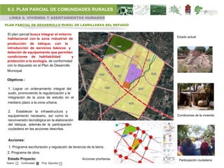 6.3. PLAN PARCIAL DE COMUNIDADES RURALES
  LÍNEA 6. VIVIENDA Y ASENTAMIENTOS HUMANOS

PLAN PARCIAL DE DESARROLLO RURAL DE LADRILLERAS DEL REFUGIO

 El plan parcial busca integrar el entorno
                                                                          Estado actual
 habitacional con la zona industrial de
 producción de tabique, con la
 introducción de servicios básicos y
 dotación de equipamiento que permitan
 condiciones de habitabilidad              y
 protección a la ecología, de conformidad
 con lo dispuesto en el Plan de Desarrollo
 Municipal.

 Objetivos :

 1. Lograr un ordenamiento integral del
 suelo, promoviendo la regularización y la
 integración de la zona de estudio en el
 mediano plazo a la zona urbana.

 2.   Establecer la infraestructura y
 equipamiento necesario, así como la                                      Condiciones de la vivienda
 reconversión tecnológica en la elaboración
 del tabique, además de la participación
 ciudadana en las acciones descritas.


 Acciones:

 1. Programa escrituración y regulación de tenencia de la tierra.
 2. Programa de obra.
 Estado Proyecto:                                 Acciones prioritarias    Participación ciudadana
Nuevo     Continuidad   Proy. Ejecutivo
 