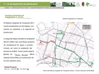 7.1. PLAN MAESTRO DE MOVILIDAD
 LÍNEA 7. INFRAESTRUCTURA Y EQUIPAMIENTO PARA EL DESARROLLO




  SISTEMA INTEGRADO DE
  TRANSPORTE 3ª. ETAPA
                                                                                Sistema Integrado de Transporte


El Sistema Integrado de Transporte (SIT)
cuenta actualmente con dos etapas, una
primera en operación y la segunda en
construcción.


La segunda etapa consideró la ampliación
del SIT al Blvd. San Juan Bosco (estación
de transferencia 1er etapa y corredor
troncal), así como la ampliación del
servicio en el Blvd. Torres Landa hasta la
glorieta de                              (Micro
                “Obrero    Mundial”
estación Santa Rita) y la construcción de
la micro estación Jerez.


 Estado Proyecto:
 Nuevo   Continuidad   Proy. Ejecutivo
                                                  Plano del Sistema Integrado de Transporte Urbano. Fuente: Dirección de Movilidad
 