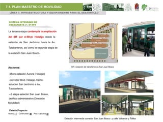 7.1. PLAN MAESTRO DE MOVILIDAD
  LÍNEA 7. INFRAESTRUCTURA Y EQUIPAMIENTO PARA EL DESARROLLO



 SISTEMA INTEGRADO DE
 TRANSPORTE 3ª. ETAPA


 La tercera etapa contempla la ampliación

 del SIT por el Blvd. Hidalgo desde la

 estación de San Jerónimo hasta la Av.

 Talabarteros, así como la segunda etapa de

 la estación San Juan Bosco.




 Acciones:                                          SIT, estación de transferencia San Juan Bosco


 -Micro estación Aurora (Hidalgo)

 -Corredor Blvd. Hidalgo, tramo:
 estación San Jerónimo a Av.
 Talabarteros.

 --2 etapa estación San Juan Bosco,
 (edificio administrativo Dirección
 Movilidad)


 Estado Proyecto:
 Nuevo    Continuidad   Proy. Ejecutivo

                                              Estación intermedia corredor San Juan Bosco y calle Valverde y Téllez
 
