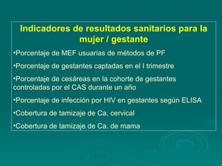 Indicadores de resultados sanitarios para la mujer / gestante Porcentaje de MEF usuarias de métodos de PF Porcentaje de gestantes captadas en el I trimestre Porcentaje de cesáreas en la cohorte de gestantes controladas por el CAS durante un año Porcentaje de infección por HIV en gestantes según ELISA Cobertura de tamizaje de Ca. cervical Cobertura de tamizaje de Ca. de mama 