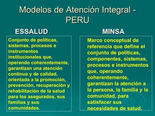 Modelos de Atención Integral - PERU ESSALUD  MINSA M arco conceptual de  referencia que define  el conjunto de políticas, componentes, sistemas, procesos e instrumentos que, operando coherentemente, garantizan la atención a la persona, la familia y la comunidad, para satisfacer sus necesidades de salud. Conjunto de políticas, sistemas, procesos e instrumentos institucionales que, operando coherentemente, garantizan una atención continua y de calidad, orientada a la promoción, prevención, recuperación y rehabilitación de la salud para los asegurados, sus familias y sus comunidades. 