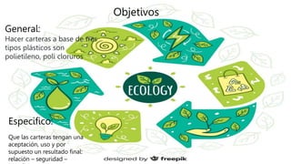 Objetivos
General:
Hacer carteras a base de tres
tipos plásticos son
polietileno, poli cloruros
Especifico:
Que las carteras tengan una
aceptación, uso y por
supuesto un resultado final:
relación – seguridad –
 