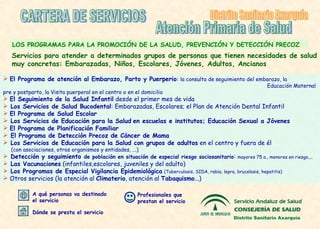 LOS PROGRAMAS PARA LA PROMOCIÓN DE LA SALUD, PREVENCIÓN Y DETECCIÓN PRECOZ El Programa de atención al Embarazo, Parto y Puerperio :  la consulta de   seguimiento del embarazo, la   Educación  Maternal pre y postparto, la Visita puerperal en el centro o en el domicilio El Seguimiento de la Salud Infantil  desde el primer mes de vida Los Servicios  de Salud Bucodental : Embarazadas,  Escolares ; el Plan de Atención Dental Infantil El Programa de Salud Escolar Los Servicios de Educación para la Salud   en escuelas e institutos ;  Educación Sexual a Jóvenes El  P rograma de Planificación Familiar El Programa de Detección Precoz de Cáncer de Mama Los  S ervicios de Educación para la Salud con grupos de adultos  en el centro y fuera de él  (con asociaciones, otros organismos y entidades, ...)  Detección y s eguimiento  de población en situación de especial riesgo sociosanitario :  mayores 75 a.,  menores en riesgo, ... Las Vacunaciones  (infantiles,escolares, juveniles y del adulto) Los  P rogramas de Especial Vigilancia Epidemiológica   (Tuberculosis, SIDA, rabia, lepra, brucelosis, hepatitis) Otros servicios (la  a tención al  Climaterio ,  atención al  Tabaquismo ...)   CARTERA DE SERVICIOS Atención Primaria de Salud Distrito Sanitario Axarquía S ervicios para atender a determinados grupos de personas que tienen necesidades  de salud  muy concretas: Embarazadas, Niños, Escolares, Jóvenes, Adultos, Ancianos Dónde se presta el servicio A qué personas va destinado el servicio Distrito Sanitario Axarquía Profesionales que prestan el servicio 