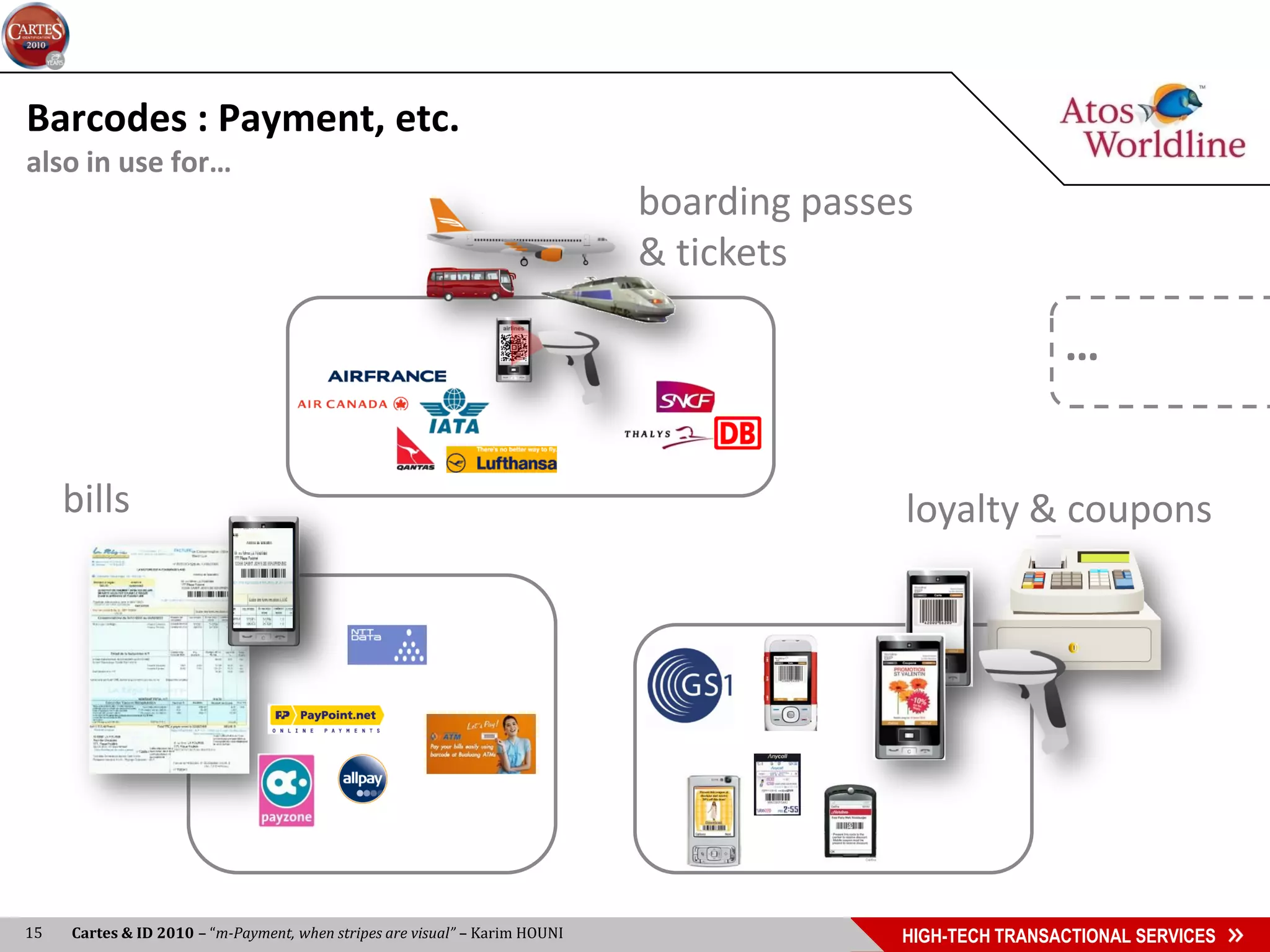 Barcodes : Payment, etc.
also in use for…
                                                                             boarding passes
                                                                             & tickets

                                                                                                           …


     bills                                                                                 loyalty & coupons




15   Cartes & ID 2010 – “m-Payment, when stripes are visual” – Karim HOUNI                 HIGH-TECH TRANSACTIONAL SERVICES
 