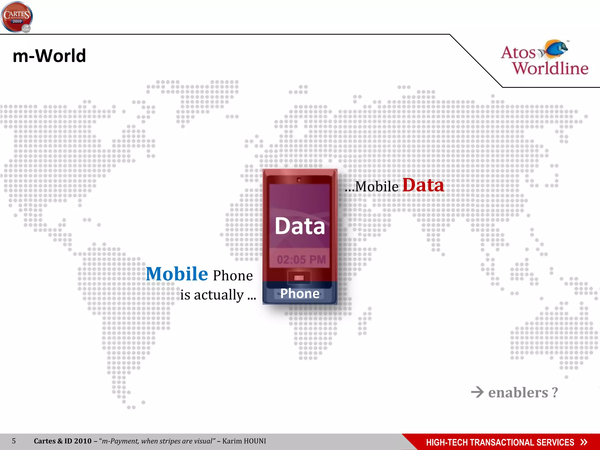 m-World




                                                                                    …Mobile Data

                                                                            Data
                                     Mobile Phone
                                               is actually ...              Phone




                                                                                                       enablers ?


5   Cartes & ID 2010 – “m-Payment, when stripes are visual” – Karim HOUNI                    HIGH-TECH TRANSACTIONAL SERVICES
 