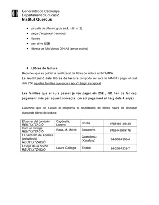 Generalitat de Catalunya
Departament d’Educació
Institut Quercus
• pinzells de diferent gruix (n.4, n.8 i n.12)
• pega d’enganxar (resinosa)
• tisores
• pen drive USB
• llibreta de fulls blancs DIN A5 (sense espiral)
4. Llibres de lectura:
Recordeu que es pot fer la reutilització de llibres de lectura amb l’AMPA.
La reutilització dels llibres de lectura comporta ser soci de l’AMPA i pagar el cost
dels 25€ aquelles famílies que encara no s’hi hagin incorporat .
Les famílies que el curs passat ja van pagar els 25€ , NO han de fer cap
pagament més per aquest concepte. (un sol pagament al llarg dels 4 anys)
L’alumnat que no s’aculli al programa de reutilització de llibres haurà de disposar
d’aquests llibres de lectura:
El secret del bandoler
REUTILITZACIÓ
Capdevila,
Llorenç
Cruïlla 9788466118439
Com un miratge
REUTILITZACIÓ
Roca, M. Mercè Barcanova 9788448919176
El Lazarillo de Tormes
(adaptado)
REUTILITZACIÓ
Castellnou
(Kalafate) 84-980-4396-4
La hija de la noche
REUTILITZACIÓ
Laura Gallego Edebé 84-236-7532-7
 