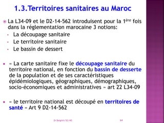  La L34-09 et le D2-14-562 introduisent pour la 1ère fois
dans la réglementation marocaine 3 notions:
• La découpage sanitaire
• Le territoire sanitaire
• Le bassin de dessert
 « La carte sanitaire fixe le découpage sanitaire du
territoire national, en fonction du bassin de desserte
de la population et de ses caractéristiques
épidémiologiques, géographiques, démographiques,
socio-économiques et administratives » art 22 L34-09
 « le territoire national est découpé en territoires de
santé » Art 9 D2-14-562
Dr Belghiti/SG/MS 64
 