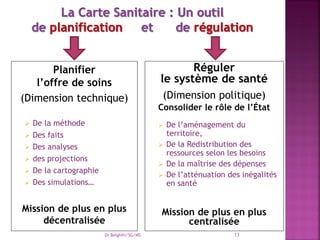 Planifier
l’offre de soins
(Dimension technique)
 De la méthode
 Des faits
 Des analyses
 des projections
 De la cartographie
 Des simulations…
Mission de plus en plus
décentralisée
Réguler
le système de santé
(Dimension politique)
Consolider le rôle de l’État
 De l’aménagement du
territoire,
 De la Redistribution des
ressources selon les besoins
 De la maîtrise des dépenses
 De l’atténuation des inégalités
en santé
Mission de plus en plus
centralisée
Dr Belghiti/SG/MS 13
 