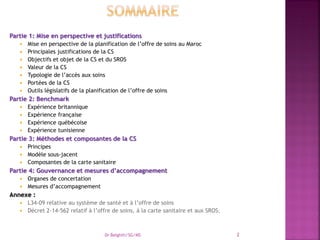 Partie 1: Mise en perspective et justifications
 Mise en perspective de la planification de l’offre de soins au Maroc
 Principales justifications de la CS
 Objectifs et objet de la CS et du SROS
 Valeur de la CS
 Typologie de l’accès aux soins
 Portées de la CS
 Outils législatifs de la planification de l’offre de soins
Partie 2: Benchmark
 Expérience britannique
 Expérience française
 Expérience québécoise
 Expérience tunisienne
Partie 3: Méthodes et composantes de la CS
 Principes
 Modèle sous-jacent
 Composantes de la carte sanitaire
Partie 4: Gouvernance et mesures d’accompagnement
 Organes de concertation
 Mesures d’accompagnement
Annexe :
 L34-09 relative au système de santé et à l’offre de soins
 Décret 2-14-562 relatif à l’offre de soins, à la carte sanitaire et aux SROS.
Dr Belghiti/SG/MS 2
 