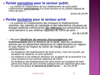  Portée normative pour le secteur public
 « La création et l'implantation de tout établissement de santé public
s’effectueront conformément à la carte sanitaire et au schéma régional de
l'offre de soins ».
Article 26 L34-09
 Portée incitative pour le secteur privé
 « La création et l'implantation des cliniques et établissements
assimilés, des cabinets de radiologie et des laboratoires d'analyses de
biologie médicale s'effectueront par référence aux orientations de la
carte sanitaire ct aux schémas régionaux de l'offre de soins. »
Art 26 L34-09
 « Peuvent bénéficier de mesures d'encouragement aux
investissements dans le domaine de la santé, dans les conditions
prévues par les dispositions législatives et réglementaires en vigueur,
et sous réserve du respect du cahier de charges établi par l'
administration :
 les fondateurs des établissements de santé privés, à but non lucratif, qui
acceptent de respecter la carte sanitaire;
 les médecins et les médecins dentistes qui acceptent de se soumettre à la
carte sanitaire et aux schémas régionaux de l'offre;
 les fondateurs des établissements de santé privés qui acceptent de faire
partie d'un réseau de soins d'utilité publique fixé par l'administration dans
le cadre d'un projet de partenariat public-privé. » Art 29 L34-09
Dr Belghiti/SG/MS 22
 