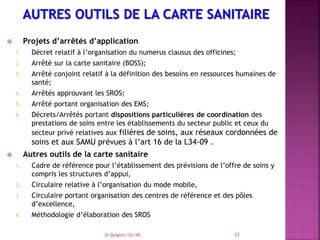  Projets d’arrêtés d’application
1. Décret relatif à l’organisation du numerus clausus des officines;
2. Arrêté sur la carte sanitaire (BOSS);
3. Arrêté conjoint relatif à la définition des besoins en ressources humaines de
santé;
4. Arrêtés approuvant les SROS;
5. Arrêté portant organisation des EMS;
6. Décrets/Arrêtés portant dispositions particulières de coordination des
prestations de soins entre les établissements du secteur public et ceux du
secteur privé relatives aux filières de soins, aux réseaux cordonnées de
soins et aux SAMU prévues à l’art 16 de la L34-09 .
 Autres outils de la carte sanitaire
1. Cadre de référence pour l’établissement des prévisions de l’offre de soins y
compris les structures d’appui,
2. Circulaire relative à l’organisation du mode mobile,
3. Circulaire portant organisation des centres de référence et des pôles
d’excellence,
4. Méthodologie d’élaboration des SROS
Dr Belghiti/SG/MS 33
 