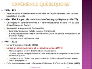  1960-1969:
 Instauration de l’assurance hospitalisation et l’accès universel à des services
hospitaliers gratuits
 1966-1970: Rapport de la commission Castonguay-Nepveu (1966-70) :
 Castonguay est considéré comme le « père de l'assurance maladie » et du code
des professions au Québec.
 Son rapport a recommandé l'instauration
 d'une loi sur d'assurance-maladie (Accès au financement)
 d’un nouveau réseau de santé et services sociaux (Accès aux services médico-sociaux en
proximité, CLSC):
 Création d’offices régionaux de santé
 1971-1973 :
 Loi sur l’assurance maladie (1970)
 Loi sur les services de santé et les services sociaux (1971)
 Réseau intégré de services de santé et des services sociaux
 Un palier régional: la région devient le cadre de référence de l’organisation territoriale
des services publics.
 Le palier local est l’instance de regroupement des établissements offrant des services
directs à la population.
 Code des Professions avec création de l'Office des Professions du Québec (1973)
Dr Belghiti/SG/MS 45
 