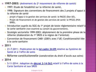  1997-2003: (Avènement du 2e mouvement de réforme de santé)
 1997: Etude de faisabilité sur la réforme de santé,
 1998: Signature des conventions de financement des 2 projets d’appui à
la réforme de santé
 projet d’appui à la gestion des services de santé: le PAGSS (Don UE),
 Projet de financement et de gestion des services de santé: le PFGSS (Prêt
BIRD),
 Introduction auprès du SGG du 1e projet de texte règlementaire relatif à
la carte sanitaire (non examiné au conseil du gouvernement).
 Stratégie sectorielle 1999-2003: déploiement de la première phase de la
réforme (élaboration du 1e SROS à la région de l’oriental)
 Convention de financement CMB1 (2001) avec l’UE: Conditionnalité liée
à la carte sanitaire
 2011
 21-7-2011 : Publication de la loi cadre 34-09 relative au Système de
Santé et à l’offre de soins
 Réforme constitutionnelle (consécration du droit d’accès aux soins)
 2014
 5-11-2014 : Adoption du décret 2-14-562 relatif à l’offre de soins à la
Carte Sanitaire et aux SROS
Dr Belghiti/SG/MS 5
 