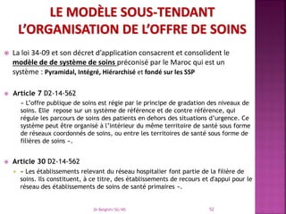  La loi 34-09 et son décret d’application consacrent et consolident le
modèle de de système de soins préconisé par le Maroc qui est un
système : Pyramidal, Intégré, Hiérarchisé et fondé sur les SSP
 Article 7 D2-14-562
« L’offre publique de soins est régie par le principe de gradation des niveaux de
soins. Elle repose sur un système de référence et de contre référence, qui
régule les parcours de soins des patients en dehors des situations d’urgence. Ce
système peut être organisé à l’intérieur du même territoire de santé sous forme
de réseaux coordonnés de soins, ou entre les territoires de santé sous forme de
filières de soins ».
 Article 30 D2-14-562
 « Les établissements relevant du réseau hospitalier font partie de la filière de
soins. Ils constituent, à ce titre, des établissements de recours et d'appui pour le
réseau des établissements de soins de santé primaires ».
Dr Belghiti/SG/MS 52
 