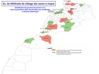 Provinces de priorité 1, selon les trois paramètres AMS,
Densité litière et distance KM
Provinces de priorité 2, selon les deux paramètres AMS
en deçà de 50% et densité litière
Légende
Identification des provinces de priorité 1 et 2
selon les paramètres AMS, Densité litière pour 10.000 hbts
et distance kilométrique
Ex. de Méthode de ciblage des zones à risque
 