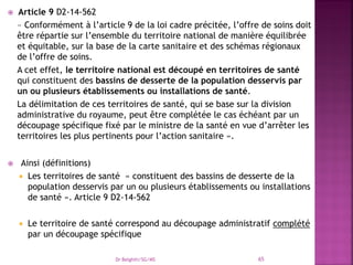  Article 9 D2-14-562
« Conformément à l’article 9 de la loi cadre précitée, l’offre de soins doit
être répartie sur l’ensemble du territoire national de manière équilibrée
et équitable, sur la base de la carte sanitaire et des schémas régionaux
de l’offre de soins.
A cet effet, le territoire national est découpé en territoires de santé
qui constituent des bassins de desserte de la population desservis par
un ou plusieurs établissements ou installations de santé.
La délimitation de ces territoires de santé, qui se base sur la division
administrative du royaume, peut être complétée le cas échéant par un
découpage spécifique fixé par le ministre de la santé en vue d’arrêter les
territoires les plus pertinents pour l’action sanitaire ».
 Ainsi (définitions)
 Les territoires de santé « constituent des bassins de desserte de la
population desservis par un ou plusieurs établissements ou installations
de santé ». Article 9 D2-14-562
 Le territoire de santé correspond au découpage administratif complété
par un découpage spécifique
Dr Belghiti/SG/MS 65
 